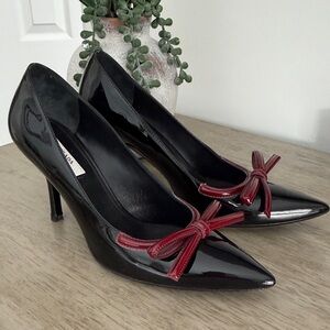 Prada Black Heels with Burgandy Bow Accent